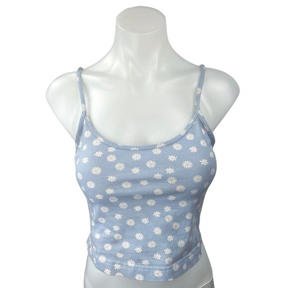 Nordstrom BP Blue White Daisy Knit Stretch Scoop Neck Cami Crop Tank Top Size M - Picture 1 of 5